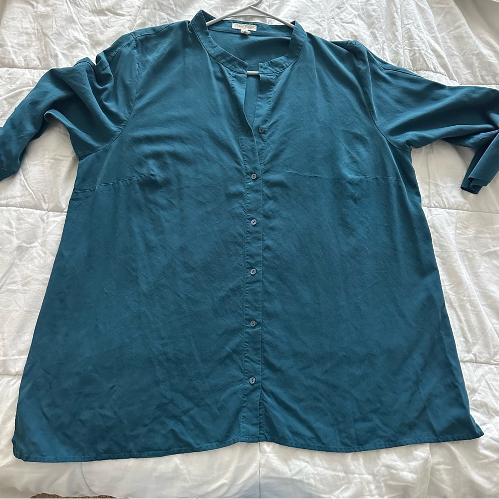 Eileen Fisher Blue Button Down Shirt with Notched Collar - Picture 13 of 13